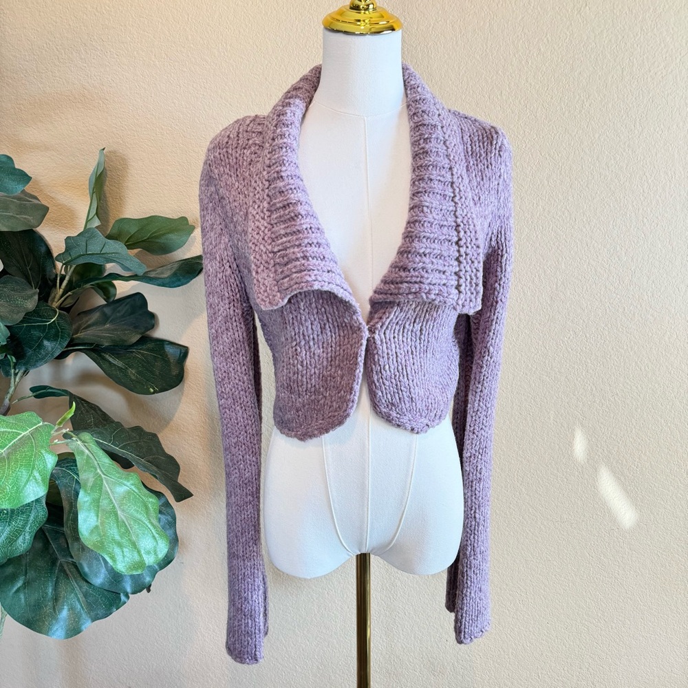 Free People Cropped Chunky Knit Cardigan Sweater Women’s S Purple Wide Collar